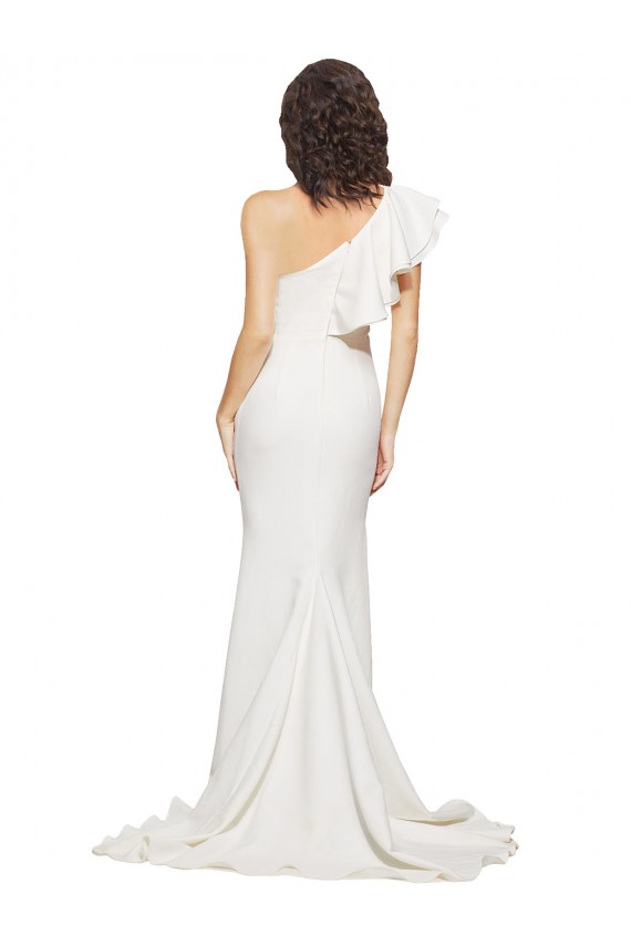 Affordable Ruched Long Sweep Train Crepe Prom Dress with Shoulder Ruffles Canada