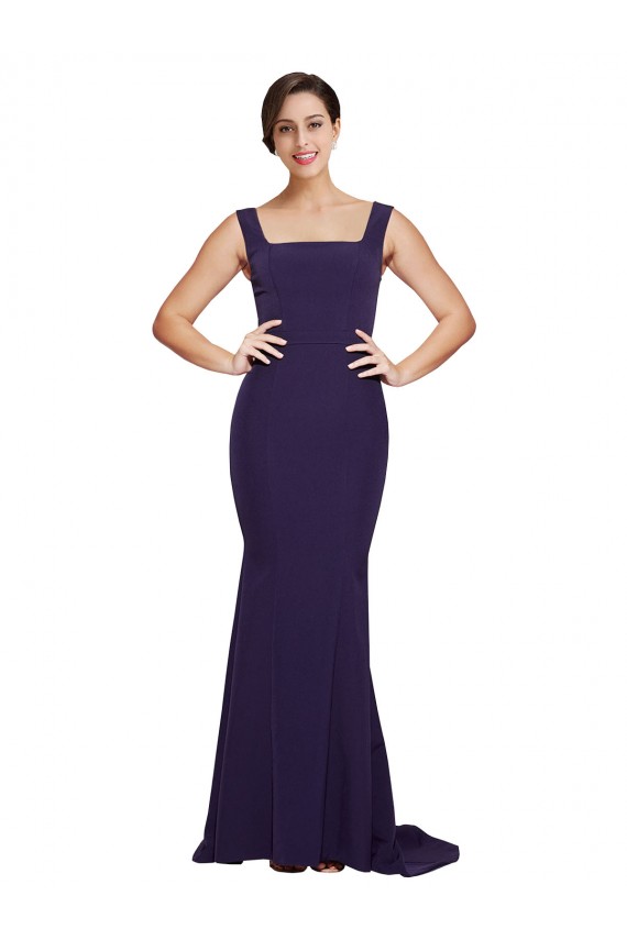 Affordable Square Neck Long Sweep Train Crepe Prom Dress with Thick Straps Canada