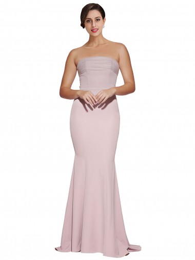 Affordable Straight Neck Long Strapless Crepe Prom Dress with Soft Tulle Overlay and Small Train Canada