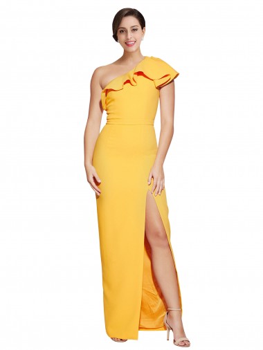 Affordable One Shoulder Floor Length Crepe Prom Dress with Thigh High Split Canada