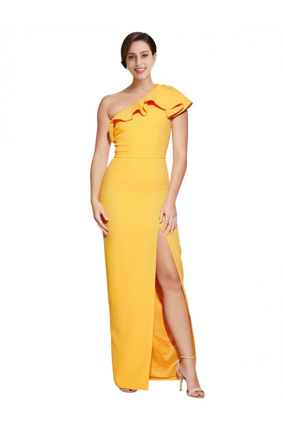 Affordable One Shoulder Floor Length Crepe Prom Dress with Thigh High Split Canada
