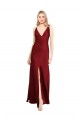Affordable Floor Length Deep V-Back Stretch Satin Prom Dress with Front Slit Canada