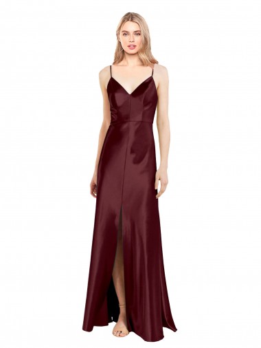 Affordable Sleek Spaghetti Straps V-Neck Stretch Satin Prom Dress with Center Front Slit Canada
