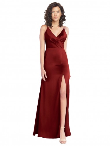 Affordable Faux Surplice Neckline Long Slim A-Line Stretch Satin Prom Dress Canada