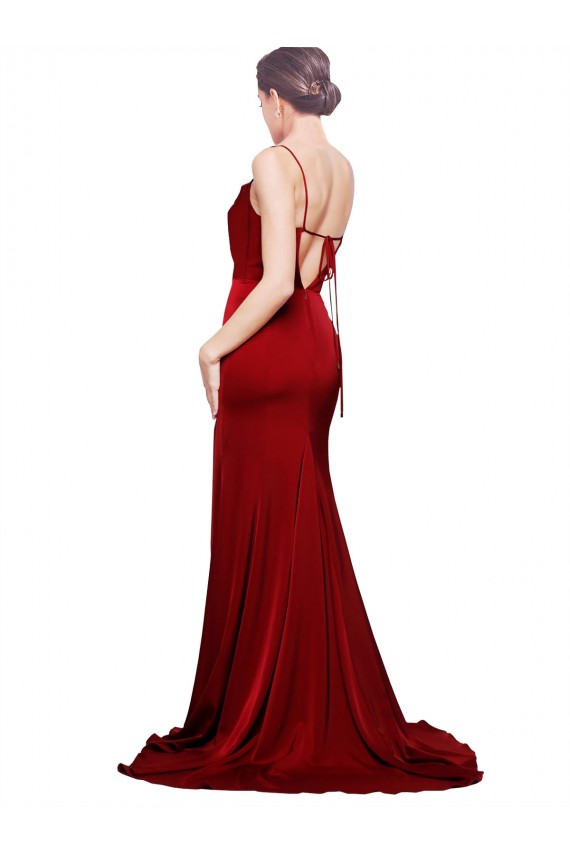 Affordable Cowl Front Neck Sweep Train Stretch Satin Prom Dress with High Side Split Canada