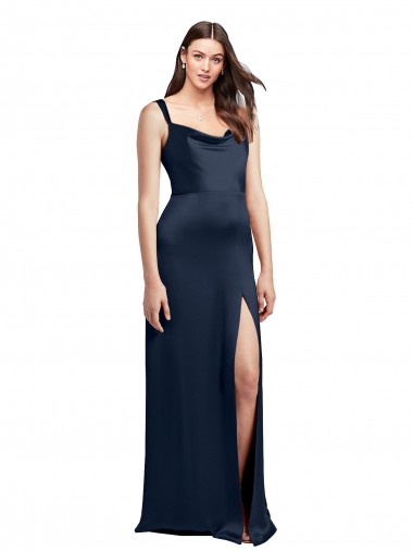 Affordable Cowl Neck Soft Long Stretch Satin Prom Dress with Side Slit and Pleated Straps Canada