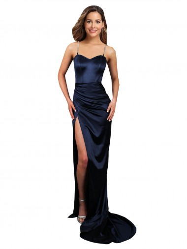 Affordable Pleated Sash Skirt Long Stretch Satin Prom Dress with High Slit Canada