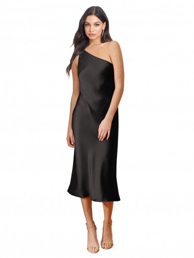 Affordable Sleek One Shoulder Midi Length Short Stretch Satin Slip Cocktail Prom Dress / Homecoming Dress Canada