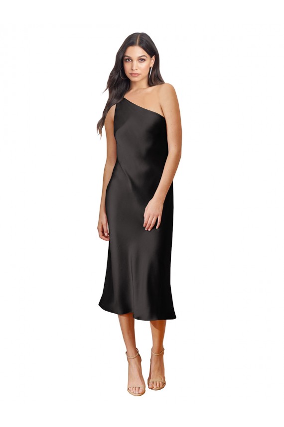 Affordable Sleek One Shoulder Midi Length Short Stretch Satin Slip Cocktail Prom Dress / Homecoming Dress Canada