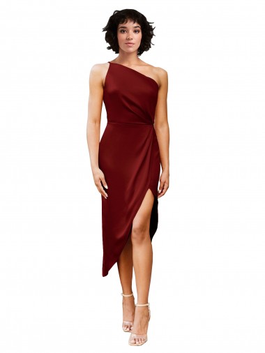 Affordable One Shoulder Midi Length Short Stretch Satin Wrap Style Cocktail Prom Dress / Homecoming Dress Canada
