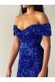 Affordable Mermaid Off the Shoulder Sleeveless Long Sweep Train Velvet Sequin Prom Dress Canada