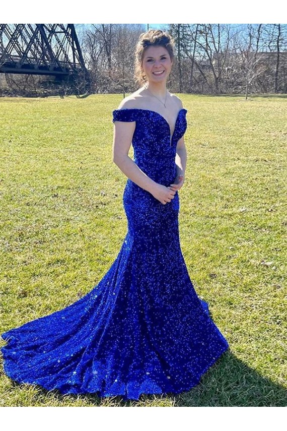 Affordable Off the Shoulder Sleeveless Long Sweep Train Velvet Sequin Prom Dress Canada