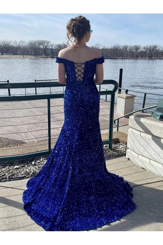 Affordable Off the Shoulder Sleeveless Long Sweep Train Velvet Sequin Prom Dress Canada