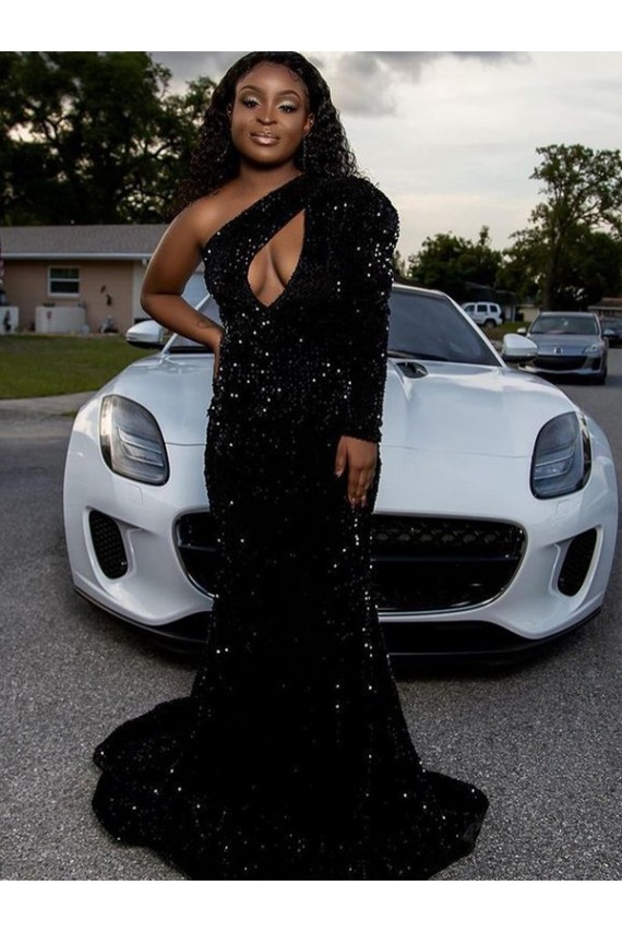 Affordable One Shoulder Long Sleeves Long Sweep Train Velvet Sequin Prom Dress Canada