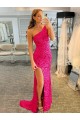 Affordable One Shoulder Sleeveless Long Velvet Sequin Prom Dress with High Slit Canada