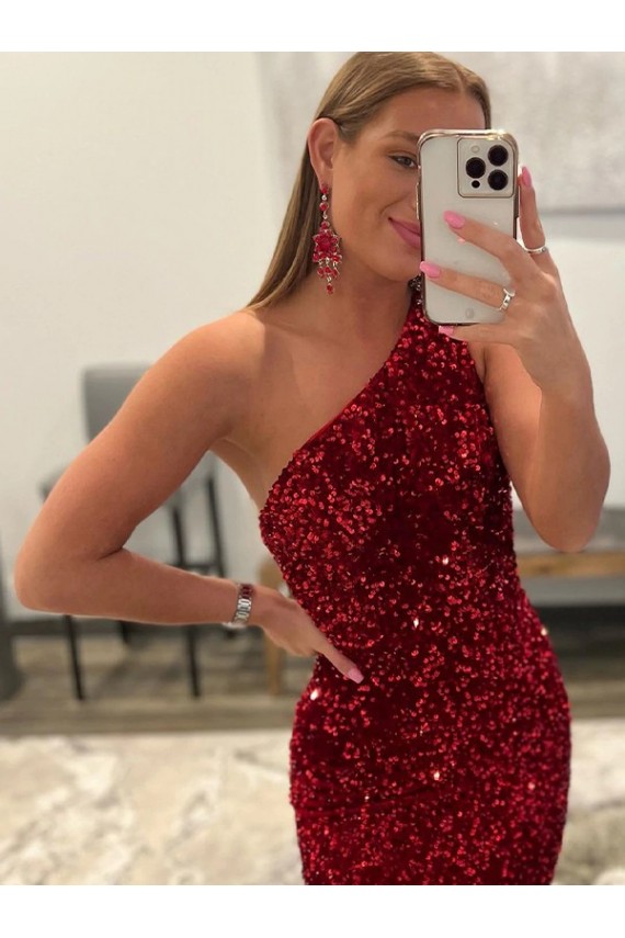 Affordable Open Back One Shoulder Sleeveless Long Sweep Train Velvet Sequin Prom Dress Canada