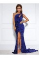 Affordable Mermaid One Shoulder Sleeveless Long Court Train Velvet Sequin Prom Dress with Slit Canada