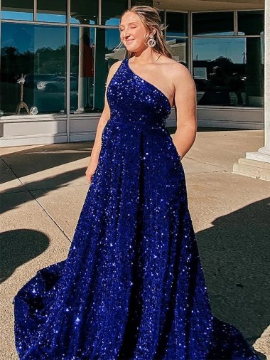 Affordable A-Line One Shoulder Sleeveless Long Sweep Train Velvet Sequin Prom Dress with Pockets Canada