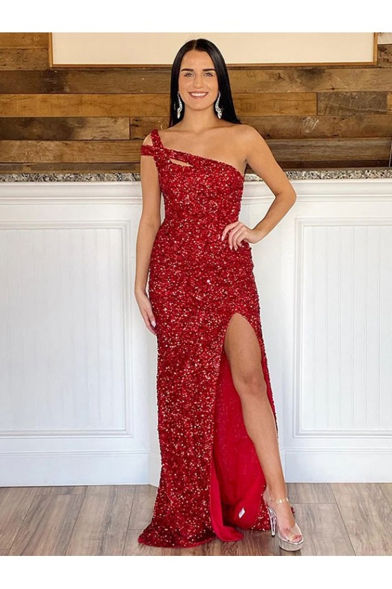 Affordable One Shoulder Sleeveless Long Sweep Train Velvet Sequin Prom Dress Canada