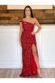 Affordable One Shoulder Sleeveless Long Sweep Train Velvet Sequin Prom Dress Canada