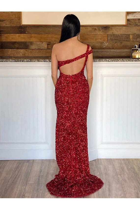 Affordable One Shoulder Sleeveless Long Sweep Train Velvet Sequin Prom Dress Canada