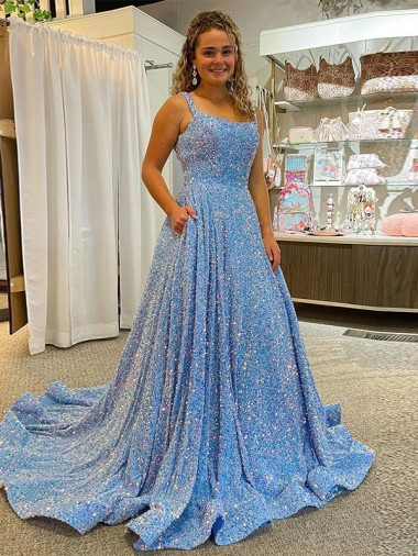 Affordable A-Line Scoop Sleeveless Long Court Train Velvet Sequin Prom Dress Canada