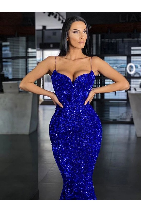 Affordable Mermaid Spaghetti Straps Sleeveless Long Sweep Train Velvet Sequin Prom Dress Canada