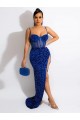 Affordable Long Sweep Train Spaghetti Straps Sleeveless Velvet Sequin Prom Dress with Slit Canada