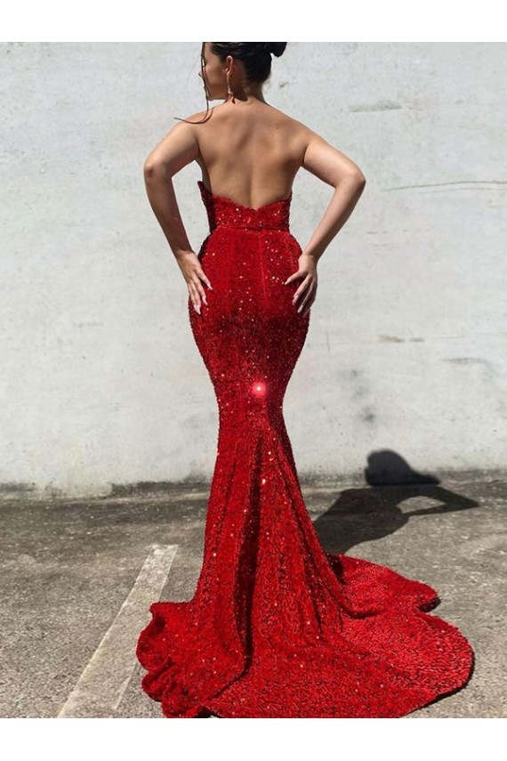 Affordable Mermaid Sweetheart Sleeveless Long Court Train Velvet Sequin Prom Dress Canada