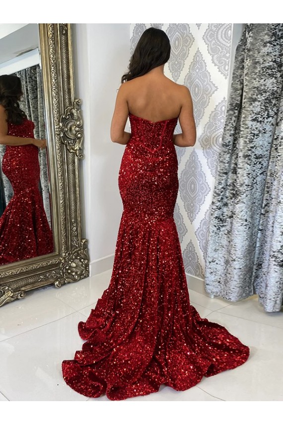 Affordable Sweetheart Sleeveless Long Court Train Velvet Sequin Prom Dress Canada