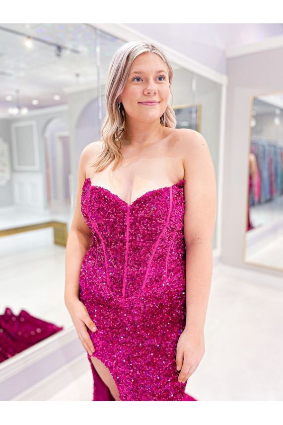 Affordable Long Sweetheart Sleeveless Sweep Train Velvet Sequin Prom Dress with Slit Canada