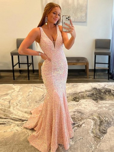 Affordable Deep V-Neck Sleeveless Long Low Back Velvet Sequin Prom Dress Canada
