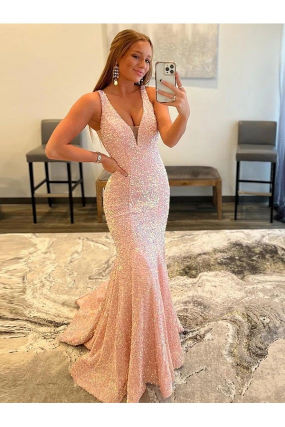 Affordable Deep V-Neck Sleeveless Long Low Back Velvet Sequin Prom Dress Canada
