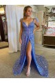 Affordable A-Line V-Neck Sleeveless Long Court Train Velvet Sequin Prom Dress with High Slit Canada