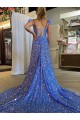 Affordable A-Line V-Neck Sleeveless Long Court Train Velvet Sequin Prom Dress with High Slit Canada