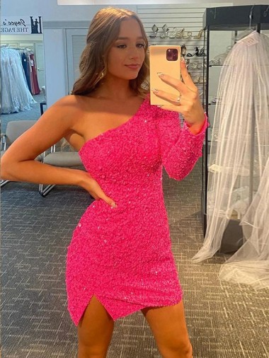Affordable Short Velvet Sequin One Shoulder Long Sleeves Prom Dress Canada