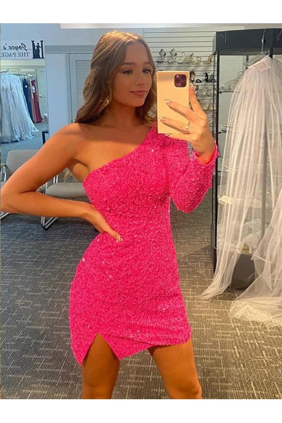 Affordable Short Velvet Sequin One Shoulder Long Sleeves Prom Dress Canada