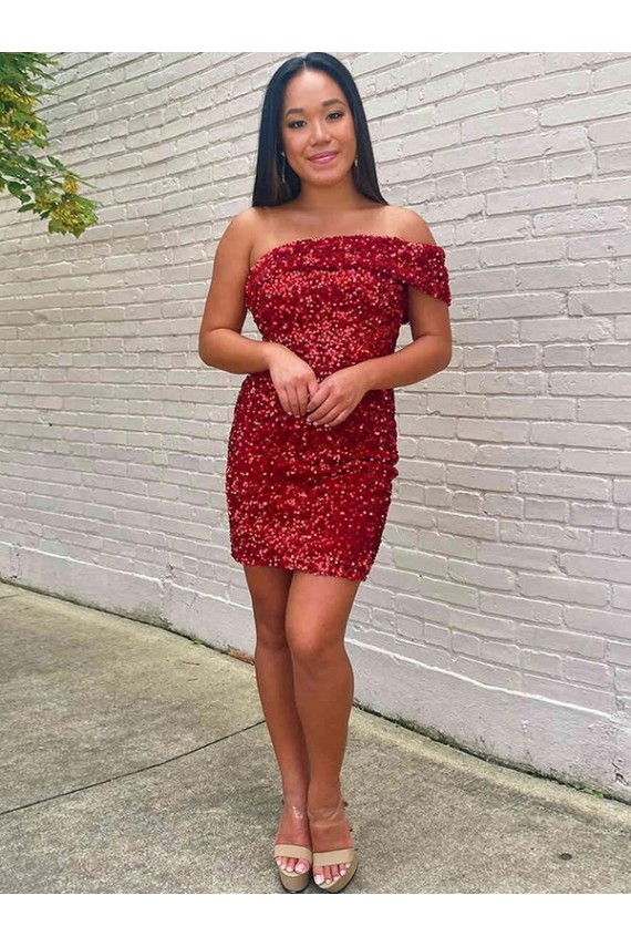 Affordable Short One Shoulder Sleeveless Velvet Sequin Cocktail Prom Dress Canada
