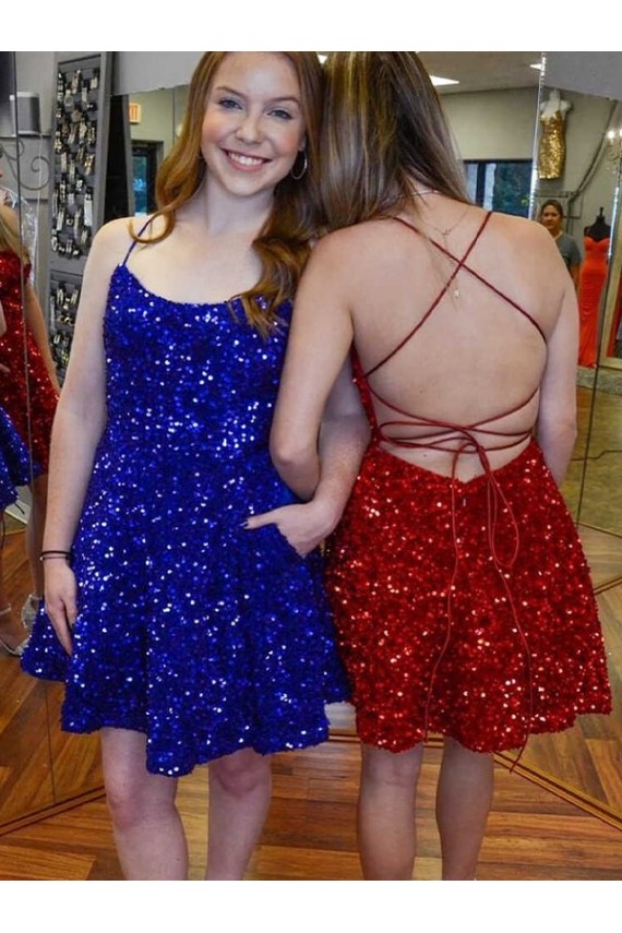 Affordable A-Line Spaghetti Straps Sleeveless Short Velvet Sequin Prom Dress Canada