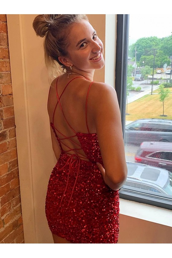 Affordable V-Neck Sleeveless Short Velvet Sequins Prom Dress Canada