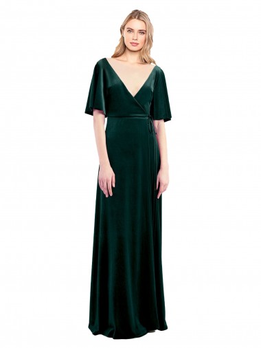 Affordable Deep V-Neck Flutter Sleeves Long Velvet Wrap Prom Dress Canada
