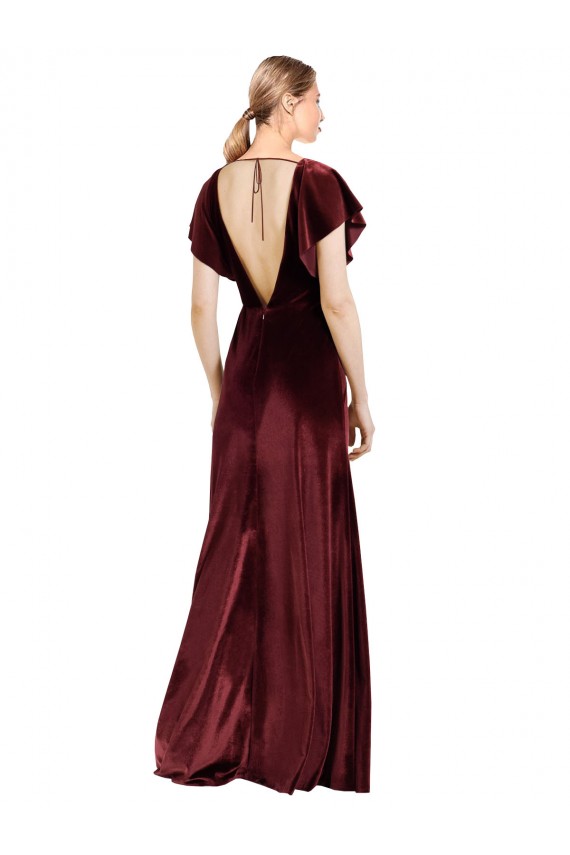 Affordable Flutter Sleeves Open Back Long Velvet Prom Dress Canada