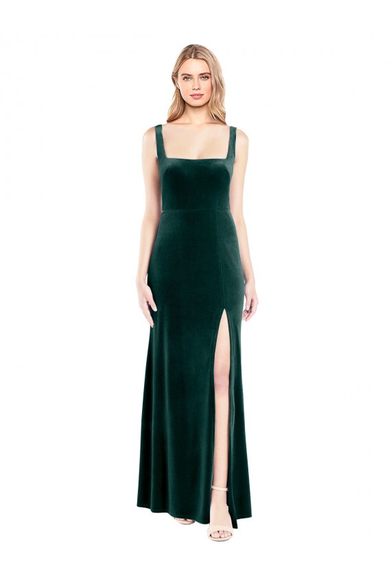 Affordable Square Neck Full Length Velvet Prom Dress with Side Slit Canada