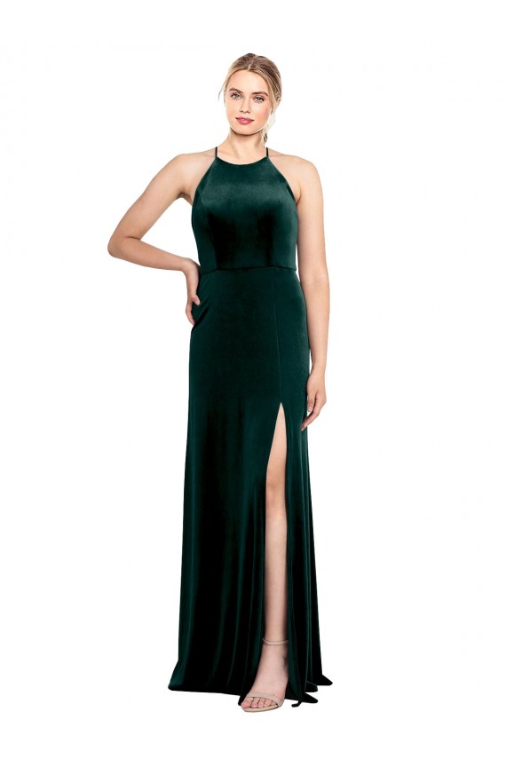 Affordable Long Jewel Neck Full Length Velvet Prom Dress with Side Slit Canada