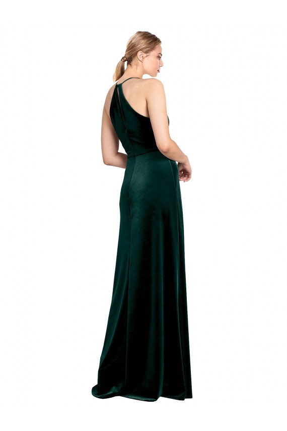 Affordable Long Jewel Neck Full Length Velvet Prom Dress with Side Slit Canada
