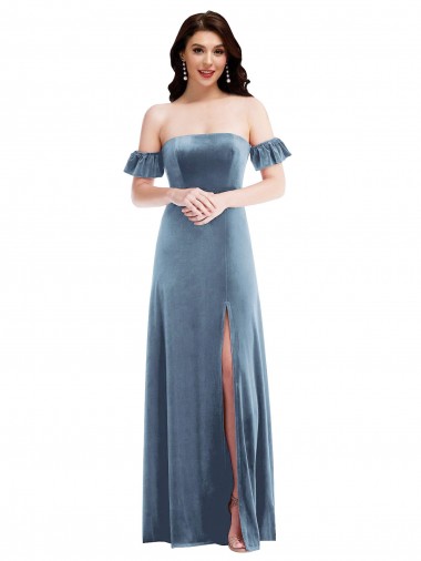 Affordable Ruffle Sleeve Off the Shoulder Velvet Maxi Prom Dress Canada