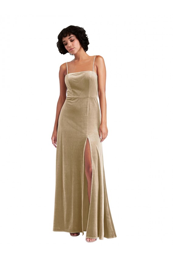 Affordable Square Neck Velvet Maxi Prom Dress with Front Slit & Pockets Canada