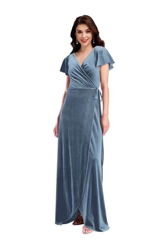 Affordable Flutter Sleeve Velvet Wrap Maxi Prom Dress with Pockets Canada