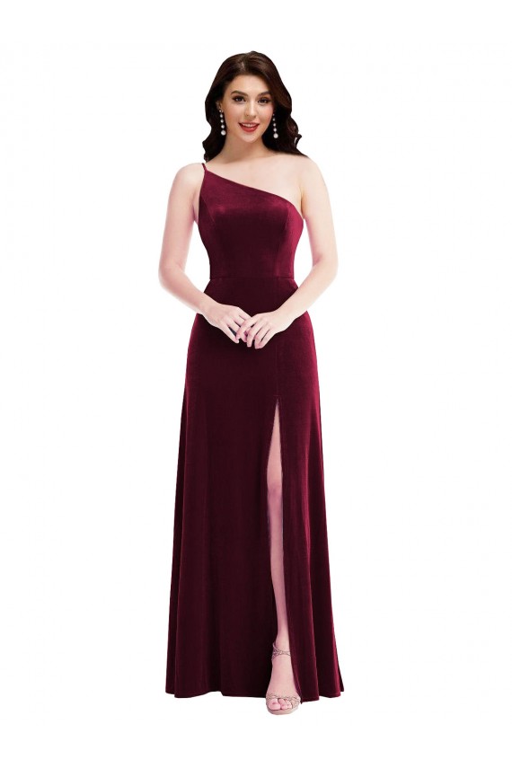 Affordable One Shoulder Spaghetti Strap Velvet Maxi Prom Dress with Pockets Canada