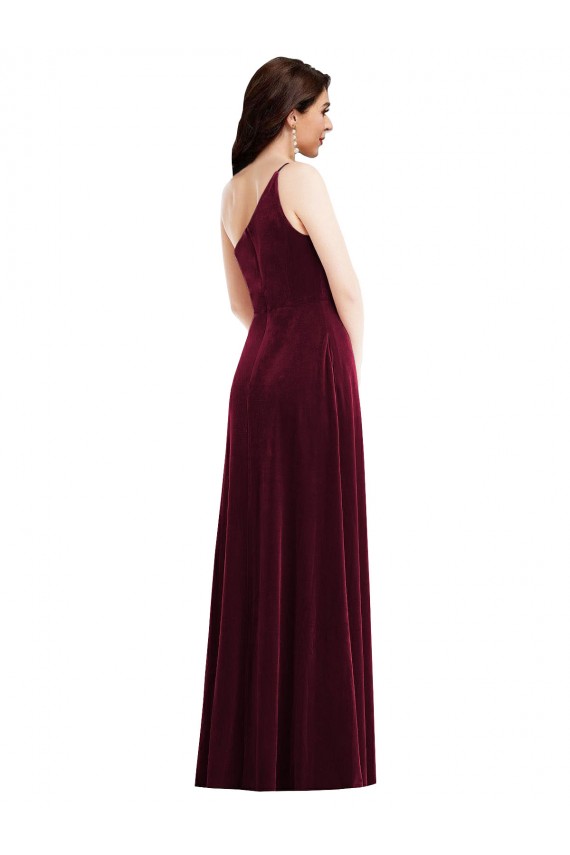 Affordable One Shoulder Spaghetti Strap Velvet Maxi Prom Dress with Pockets Canada